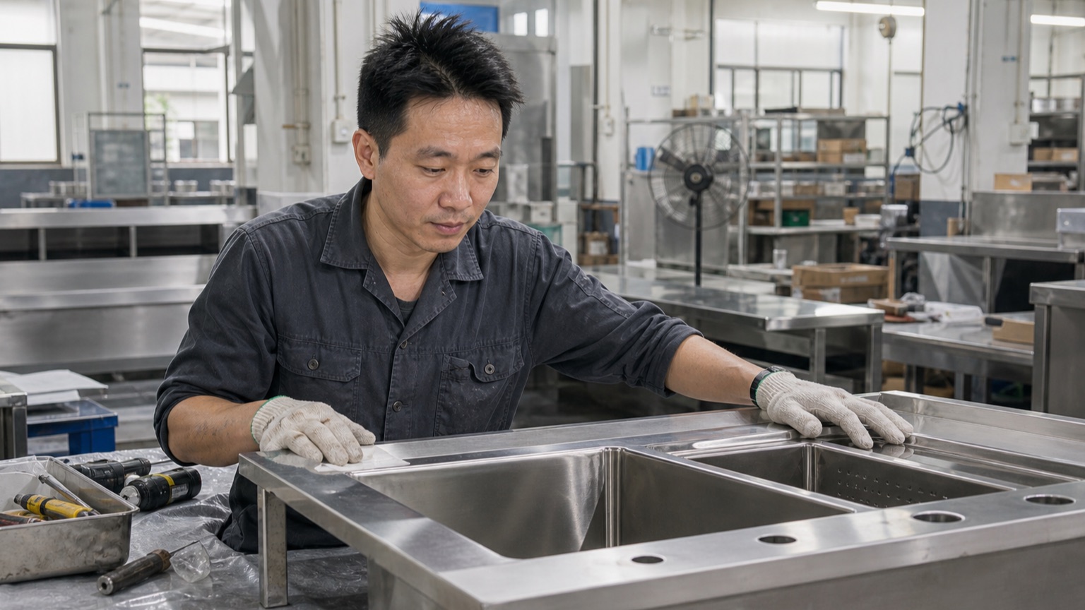 Deya owner installing and checking a stainless steel workstation sink in the factory