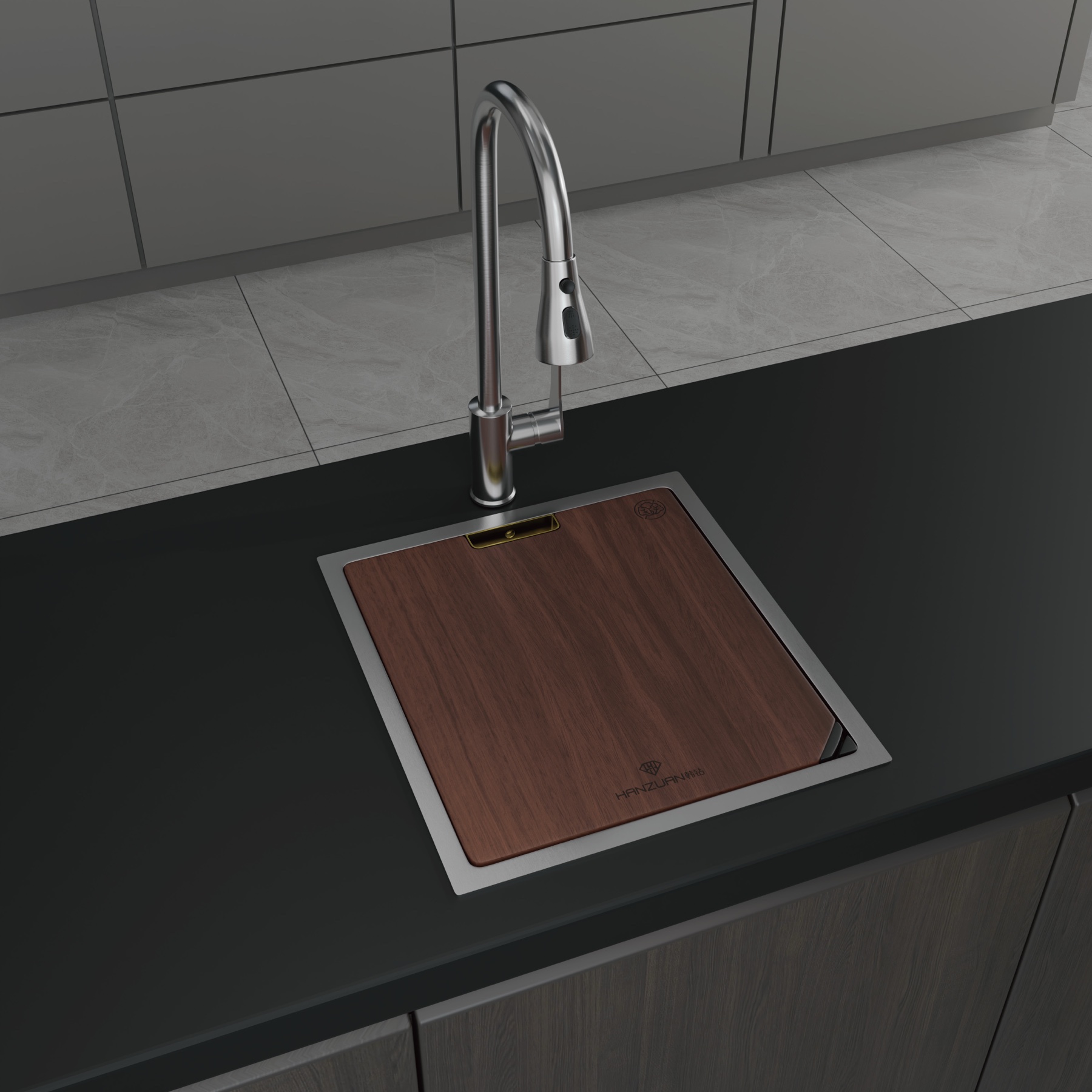 The 380 mm compact sink concept shown with a wooden cover in place