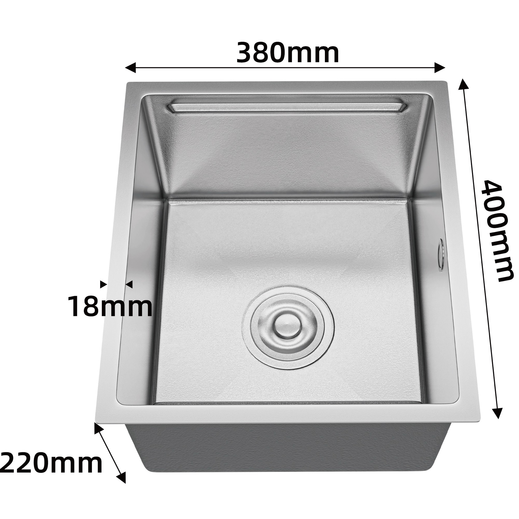 Dimension graphic for the 380 by 400 mm workstation sink with a 220 mm bowl depth