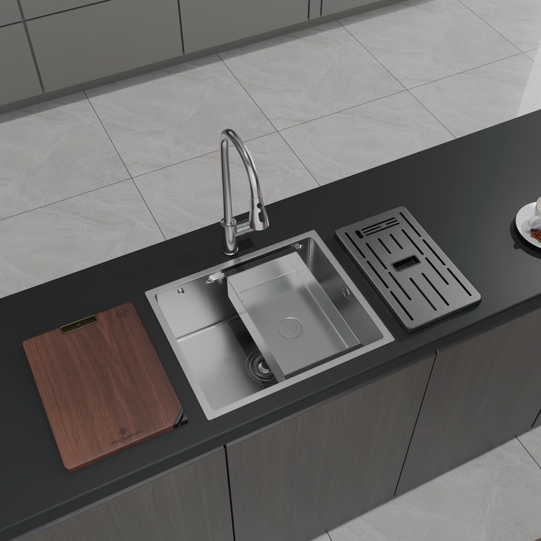 A 480 mm workstation sink concept with movable components arranged for washing and draining