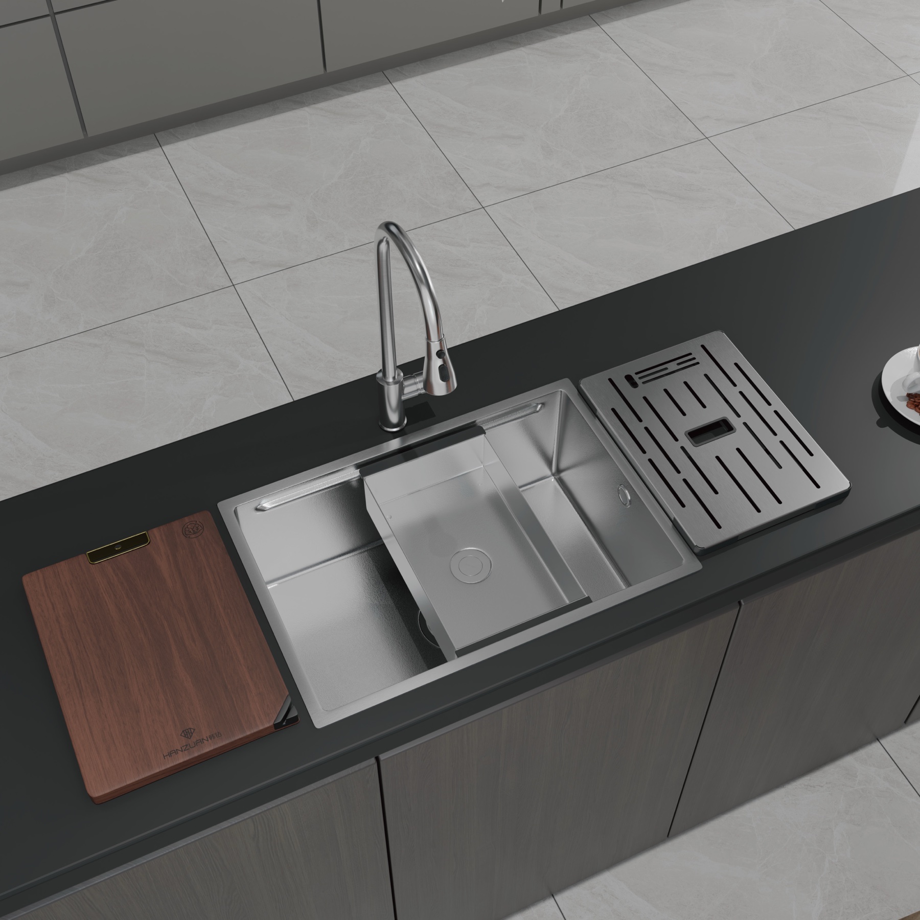 580 mm 316L workstation sink concept with cutting board, inner basin and draining surface